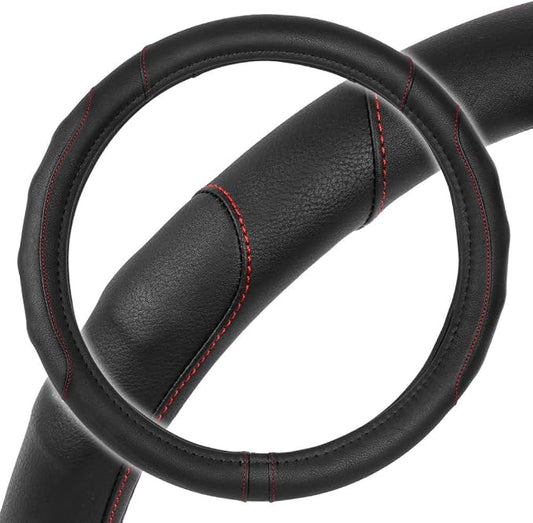Motor Trend Ergonomic Steering Wheel Cover/Protector for Small Size Steering Wheels in Cars, SUVs, Boats (13.5-14.5") - Grip Drive Pro Comfort Grip (Black/Red Stitching)