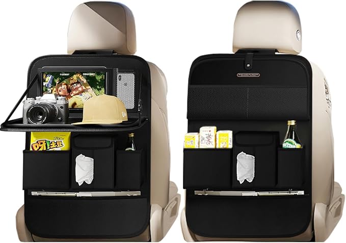 XDV Car Seat Organizers,Multi-functional Back Seat Protectors, Storage Pouches, and Tray Holders (for Cars, Kids, Seat Back and Rear Seats) (Plain Black, 2 Pcs)