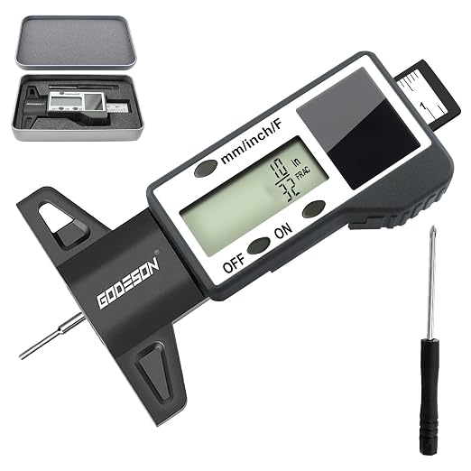 GODESON Digital Tire Tread Depth Gauge -Reads 32NDS, Inch & MM/Solar/Battery Hybrid Power/1" (25.4mm) Range/Accurate Tire Thread Depth Gauge Tool Suitable for Cars, Trucks, Motorcycles