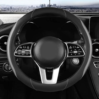 Car Steering Wheel Cover, Leather Steering Wheel Cover Grey Universal 14.5-15 Inch Microfiber Leather Anti-Slip Breathable Auto Steering Wheel Covers for Men Women (Black&Grey)