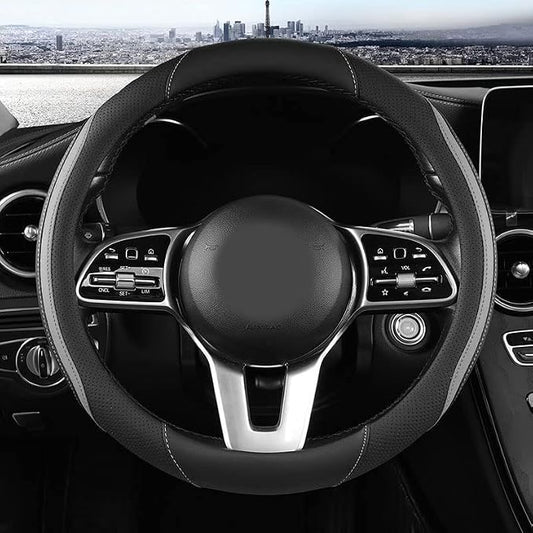 Car Steering Wheel Cover, Leather Steering Wheel Cover Grey Universal 14.5-15 Inch Microfiber Leather Anti-Slip Breathable Auto Steering Wheel Covers for Men Women (Black&Grey)