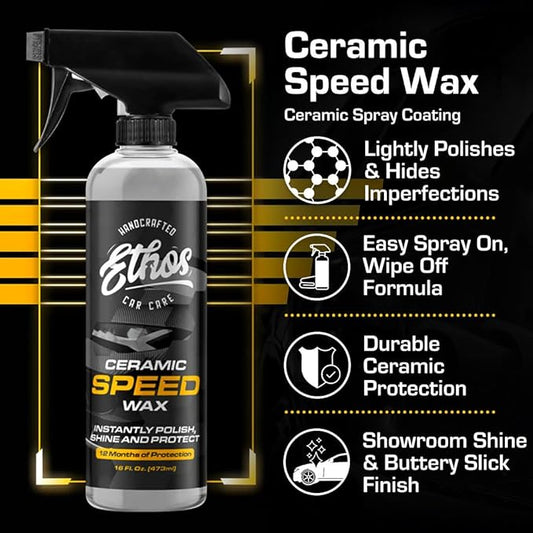 Ethos Ceramic Speed Wax – SiO2 Ceramic Coating Spray for Cars – Hydrophobic Car Wax Spray Top Coat Polish – High Gloss Shine, Ceramic Spray Wax – 12+ Month Protection