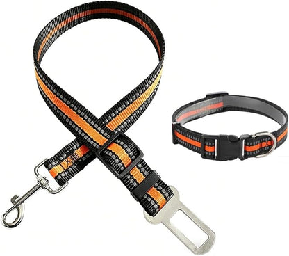 Reflective Nylon Pet Car Safety Set, Adjustable Dog Collar + Seatbelt, Travel Safety Kit for Dogs & Cats