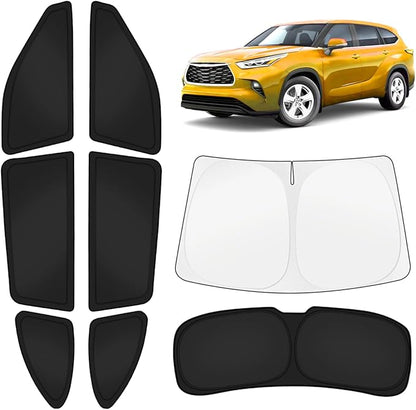 KUST Car Window Shades for Toyota Highlander 2020-2025 2026 Windshield Sun Shade Side Window Cover UV Block Privacy Protection Highlander Accessories for Camping Blackout Rear Back Full Set 8PCS