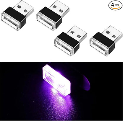 Ziciner 4 PCS USB LED Car Interior Atmosphere Lamp, Portable Mini LED Night Light, Plug-in USB Interface Trunk Ambient Lighting Kit, Universal Car Interior Accessories (Purple)