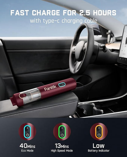 Fanttik Slim V8 APEX Car Vacuum, 4-in-1 Portable Mini Cordless Vacuum with 19000pa Suction Power for Pet Hair, Type-C Charge, One-Touch Empty for Car, Office Desk, Keyboards (Red)