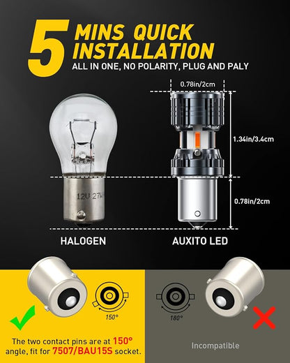 AUXITO CANBUS 7507 BAU15S LED Bulbs Amber Yellow with Built-in Resistor PY21W 12496 2641A 1156(150°) Anti Hyper Flash Error Free Front Rear Turn Signal Lights and Blinker Parking Lights, Pack of 2