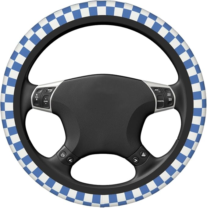 Blue Checkered Steering Wheel Cover for Women, Universal Auto Steering Wheel 14-15 Inch Car Interior Accessories with 2PCS Car Coasters, Suitable for Men and Women
