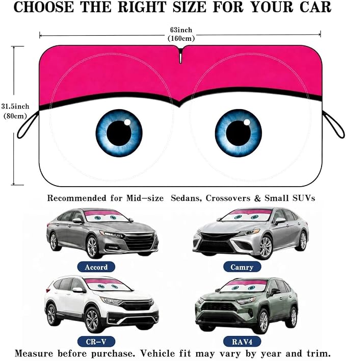 Car Windshield Sun Shade, Pink Cute Eyes Car Sunshade, Windshield Cover Universal Fits Mid-Large Sedan SUV Crossover Family Vehicle, UV Heat Protection - 63 x 31.5
