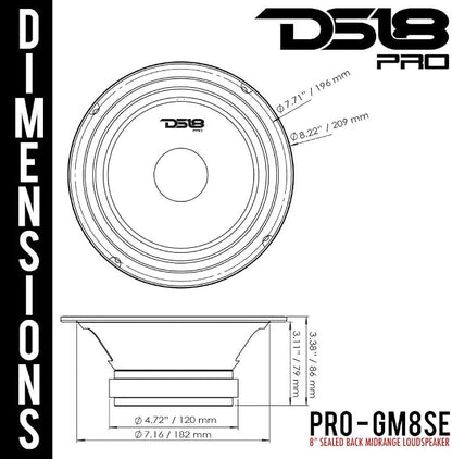 DS18 PRO-GM8SE Loudspeaker - 8", Midrange, Sealed Back, 480W Max, 140W RMS, 8 Ohms - Premium Quality Audio Door Speakers for Car or Truck Stereo Sound System (1 Speaker)