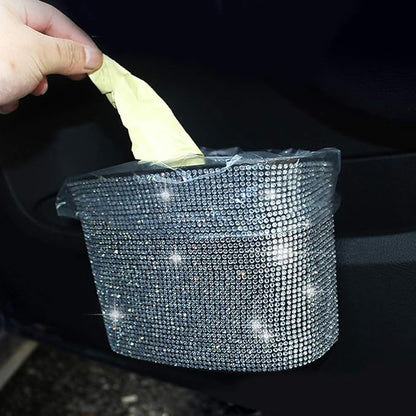 Bling Crystal Car Trash Can Auto Hanging Car Trash Can Sparkling Storage Holder Litter Container for Vehicle Office Home (White Rhinestone)