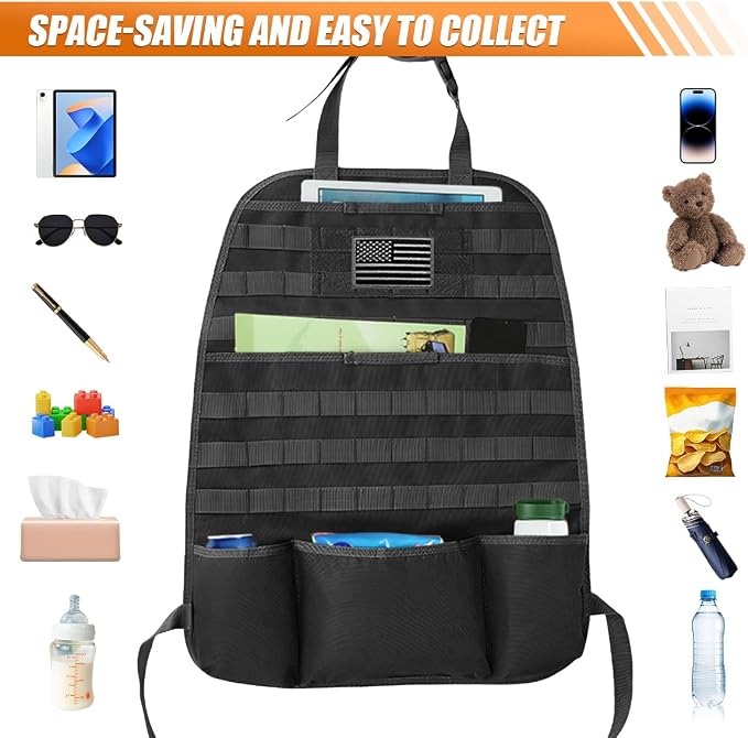 Tactical Molle Car Seat Back Organizer, Vehicle Panel Car Seat Back Cover Protector with 5 Storage Pouch, Universal Backseat Storage Organizer with USA Flag Patch for Car SUV Truck MPV (Black-1 Pc)