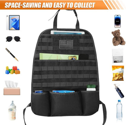 Tactical Molle Car Seat Back Organizer, Vehicle Panel Car Seat Back Cover Protector with 5 Storage Pouch, Universal Backseat Storage Organizer with USA Flag Patch for Car SUV Truck MPV (Black-2 Pcs)