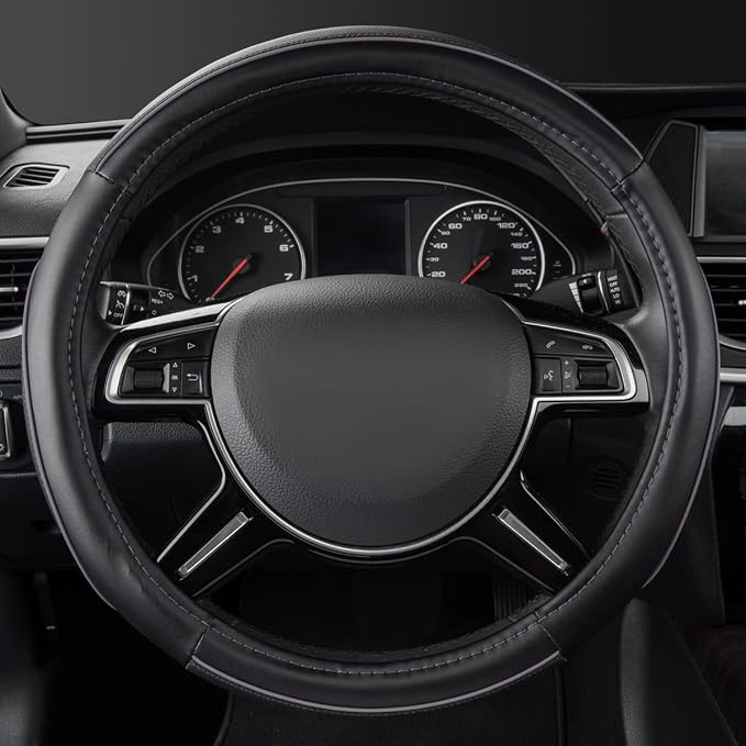 Car Pass Color Piping Microfiber Leather Universal Fit Steering Wheel Cover,Perfectly fit for 14.5-15 inches Suvs,Vans,Trucks,Sedans,Cars,Automotive(Black & Gray or Grey)