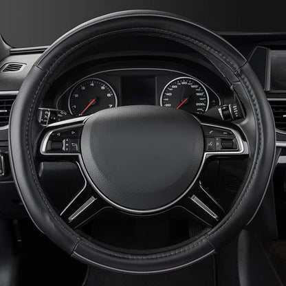 Car Pass Color Piping Microfiber Leather Universal Fit Steering Wheel Cover,Perfectly fit for 14.5-15 inches Suvs,Vans,Trucks,Sedans,Cars,Automotive(Black & Gray or Grey)