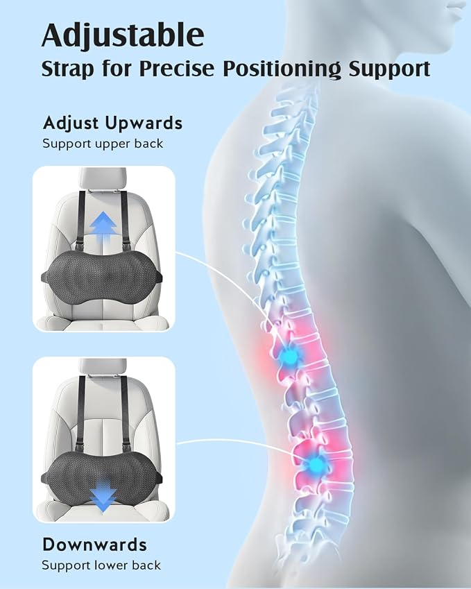 YFONG Lumbar Support Pillow for Car Seat, Back Support with Adjustable Straps Securely Fixed for Driving Seat Pain Relief, Office Chair Car Essentials Back Cushion, Grey