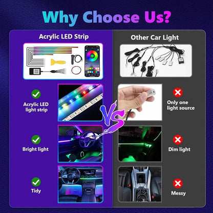 Acrylic Car LED Interior Strip Lights, 6 in 1 Dreamcolor Ambient Lighting Kit with Wireless APP, Luxury EL Wire Trim 16 Million Colors Neon Strip for Car Inside Decoration(No Remote)