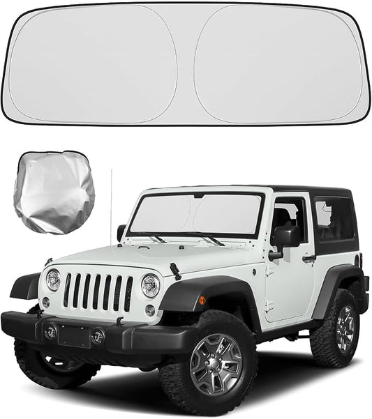 BIBLOZ Windshield Sun Shade for Jeep Wrangler TJ JK JL & 2020-2025 2026 Jeep Gladiator Foldable Accessories with Storage Pouch PET Reflective Material Sunshade Keeps The Car Cool Inside