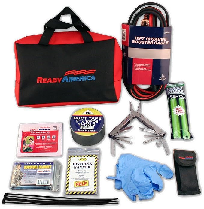 Ready America Roadside Essentials Kit – 33-Piece Car Emergency Kit w/Jumper Cables, First Aid, Distress Banner & Tools for Breakdown Safety