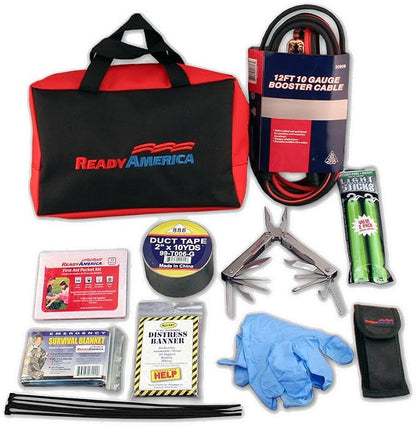 Ready America Roadside Essentials Kit – 33-Piece Car Emergency Kit w/Jumper Cables, First Aid, Distress Banner & Tools for Breakdown Safety