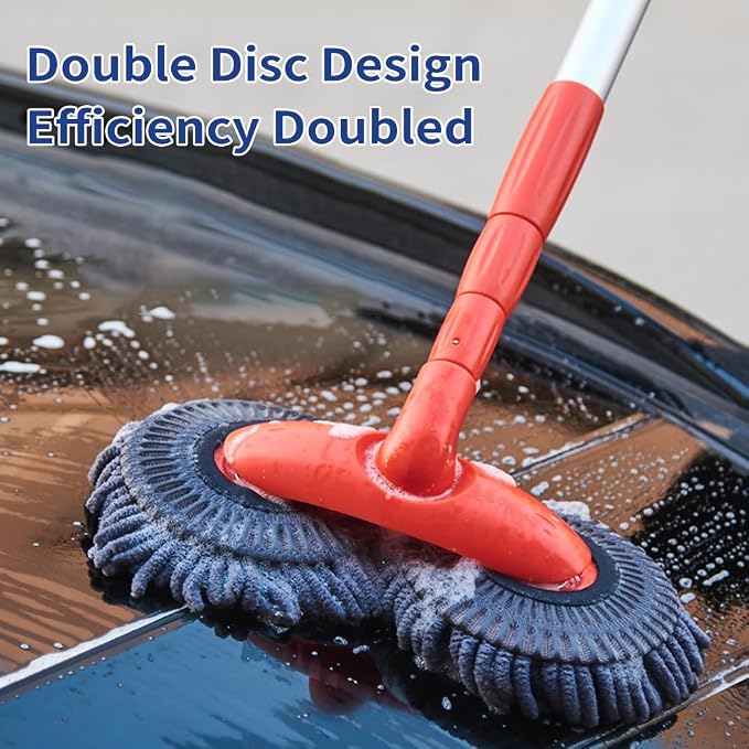 Double Head Car Wash Mop with Long Extension Pole, Telescoping Chenille Microfiber Wash Brush for Car Truck SUV and RV, Lightweight Aluminum Cleaning Tool with Foam Grip Handle
