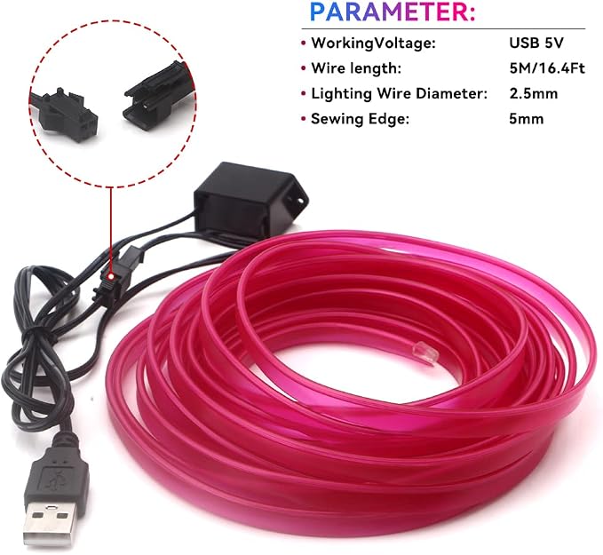 El Wire Purple Neon Lights 16FT/5M Car Interior Led Strip Light USB 5V for Car Garden Party Decoration