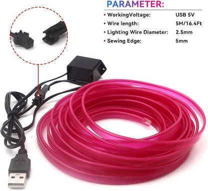 El Wire Purple Neon Lights 16FT/5M Car Interior Led Strip Light USB 5V for Car Garden Party Decoration