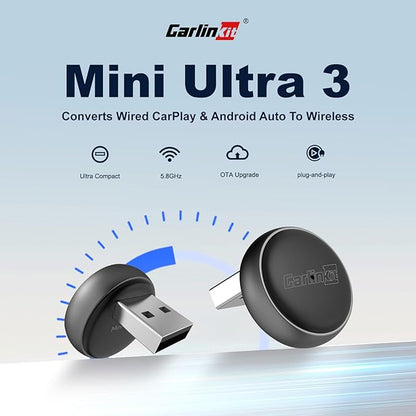 Carlinkit Mini Ultra 3 Wireless CarPlay & Android Auto Adapter, Convert Factory Wired to Wireless, USB-A/USB-C Fast Connection for iPhone & Android 11+, Plug & Play Dongle, OTA Upgrade