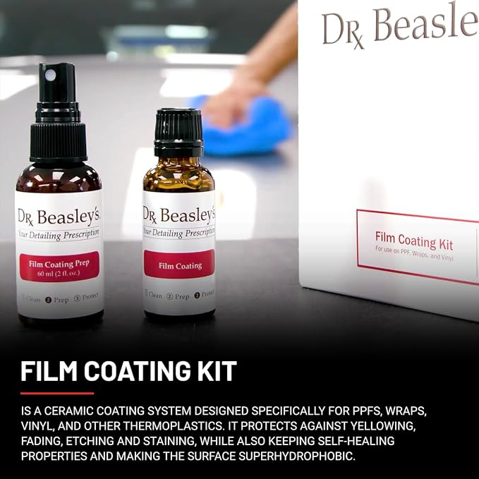 Dr. Beasley's Film Coating Kit, 12 fl oz - Ceramic Coating Protects PPFs, Wraps, Vinyl from Yellowing, Fading, Etching, Staining. Includes Film Coating, Prep, Foam Block Applicator, 2 Suede Cloths