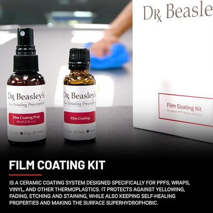 Dr. Beasley's Film Coating Kit, 12 fl oz - Ceramic Coating Protects PPFs, Wraps, Vinyl from Yellowing, Fading, Etching, Staining. Includes Film Coating, Prep, Foam Block Applicator, 2 Suede Cloths