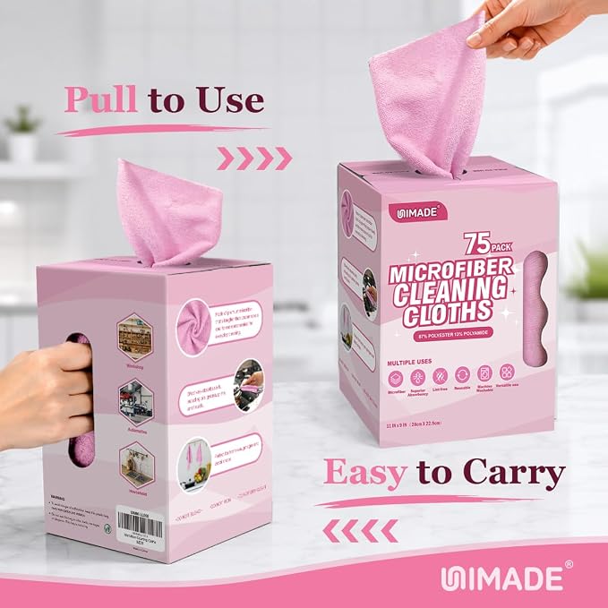 UNIMADE Microfiber Cleaning Cloth, 75 Sheets Microfiber Towels for Cars Commercial Grade Washcloths Lint-Free Bulk Shop Towel Cleaning Rags for Household Restaurant Garage Housekeeping, 11"x 9", Pink