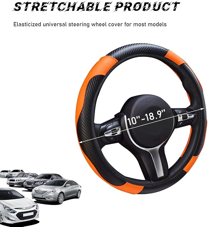 povtii Car Steering Wheel Cover, 15 Inch Leather Breathable Auto Steering Wheel Protector, Comfortable Non-Slip Vehicle Steering Wheel Covers, Universal Car Accessories (Orange, with Lining)