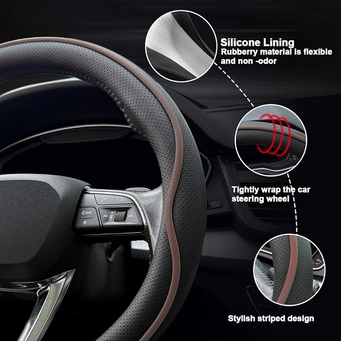 HAOTULE Leather Steering Wheel Cover， with Anti-Slip Stripe Design - Enhanced Grip, Fashion Style, Safe, Non-Slip, Breathable. Upgrade car Interior，Black Brown