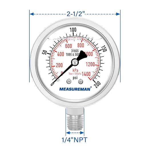 MEASUREMAN Fully Stainless Steel Hydraulic Glycerin Filled Pressure Gauge, 2-1/2" Dial Size,0-200psi/kpa,1/4" NPT Lower Mount