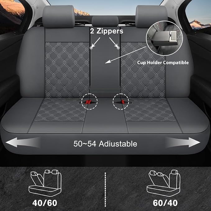 CAROMOP Luxury PU Leather Car Seat Covers Full Set-Waterproof Seat Protectors with Split Bench Seat Covers for Cars-Universal Cars Interior Covers for Sedans, SUVs, Pick-up Trucks(Gray/Gray Line)