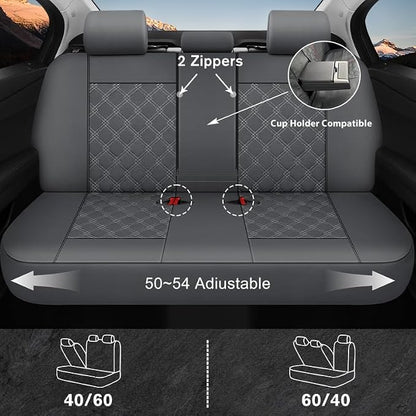 CAROMOP Luxury PU Leather Car Seat Covers Full Set-Waterproof Seat Protectors with Split Bench Seat Covers for Cars-Universal Cars Interior Covers for Sedans, SUVs, Pick-up Trucks(Gray/Gray Line)