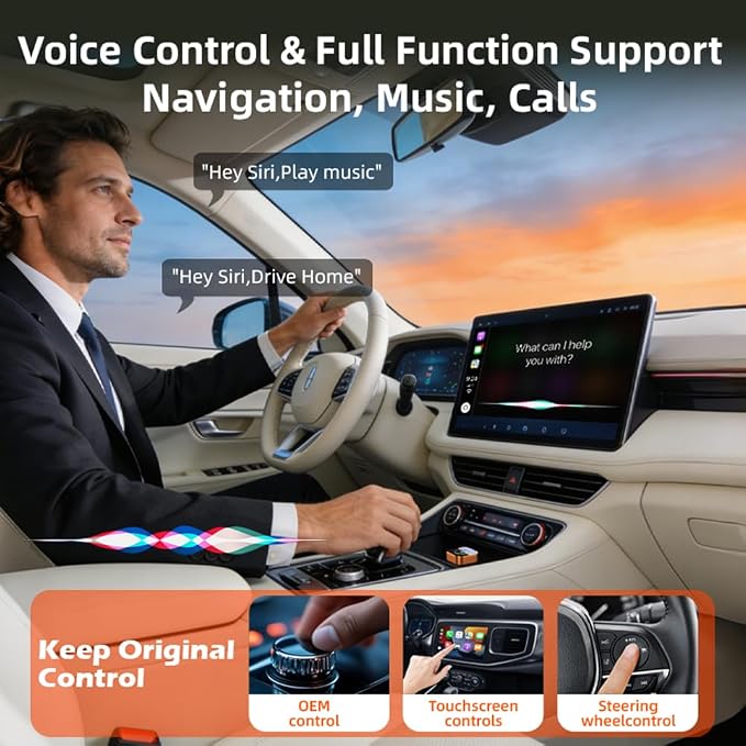 2026 Wireless CarPlay Adapter for iPhone No Audio Lag Auto-Connect Plug and Play Convert Factory Wired to Wireless CarPlay Bluetooth 5.2 and 2.4GHz&5.8GHz Wi-Fi Includes USB and Type C (Orange)