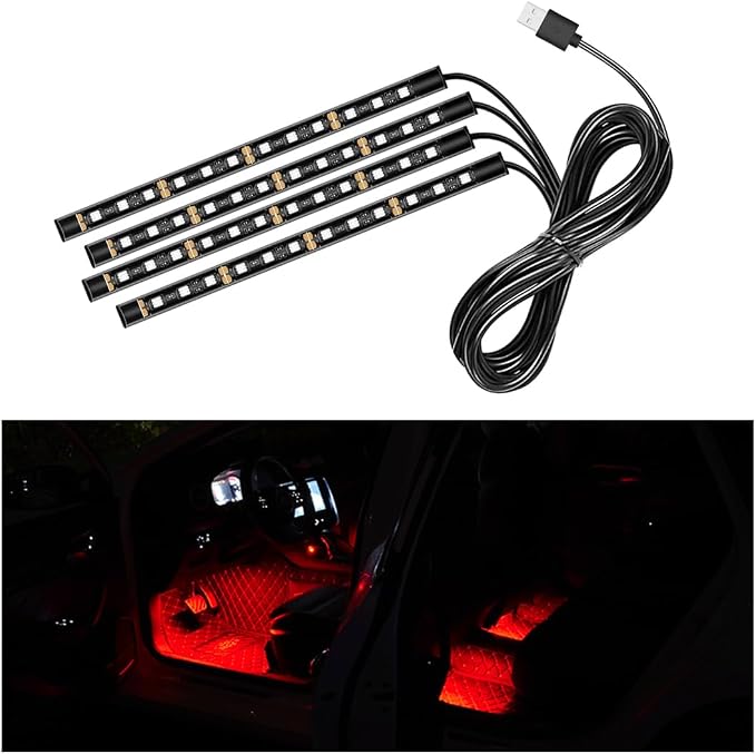 Ohleats Car LED Strip Light, 48 LED RGB Auto Interior Atmosphere Lights, Cigarette Lighter Under Dash Ambient Night Light, Interior Lamp Lighting Kit (Red, USB)