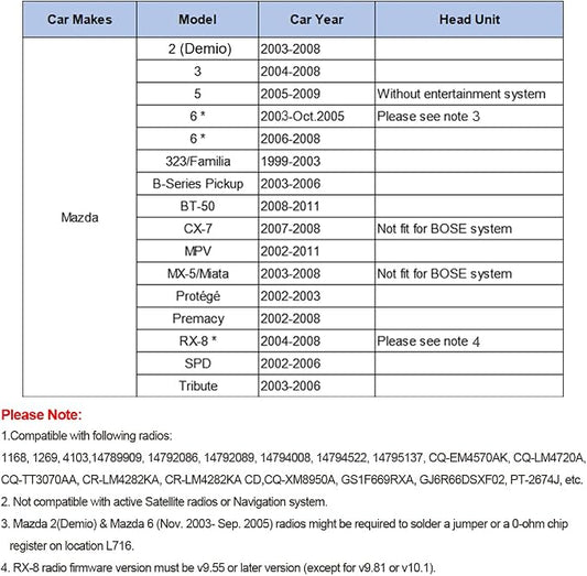 Factory Car Audio Upgrade, Stereo CD Changer 3.5mm AUX Cable for Mazda 3 2004-2008, Mazda 5 2005-2009, Mazda 6 2002-2008, RX-8 2004-2006, CX-7 2007-2008, MPV 2002-2011, Premacy 2002-2008