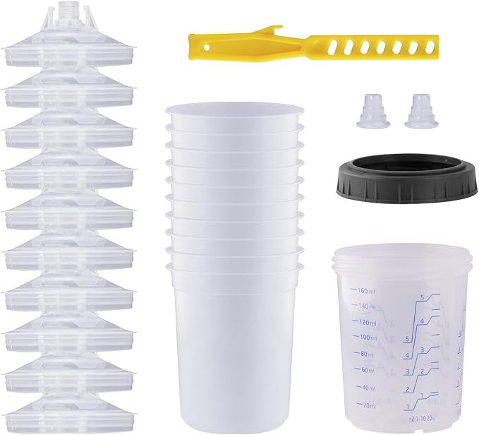 Disposable Paint Sprayer Mixing Cup for Automotive Paint Gun, HVLP Paint Spray Paint Gun 6 Ounce (160ml) Kit with 10 Cups and Lids System, 1 Hard Cup with Retainer Ring and 2 Plugs