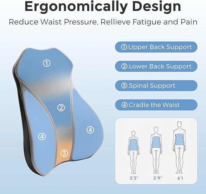 Lumbar Support Pillow for Car, Memory Foam Back Cushion for Driving Seat, Truck Accessories Travel Essentials, Back Pain Relief, Washable Cover, Plus Size Lower Back Support Fits Most Cars (Gray)