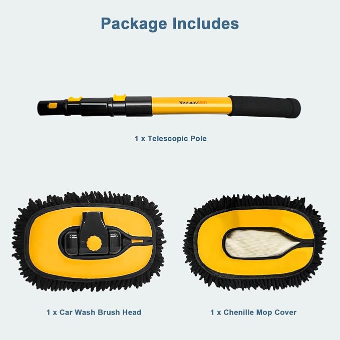YeewayVeh Car Wash Brush with Long Handle, Microfiber Car Wash Mop with Replaceable Chenille Brush Head, Soft Cleaning Brush with 15° Curved Extension Pole Car Wash Kit for RV Truck Camper, Yellow