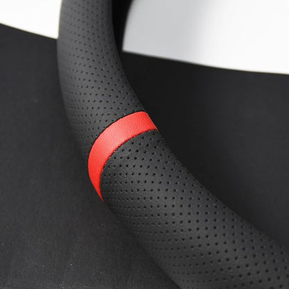 Quick Install Sporty Perforated Nappa Leather Steering Wheel Cover with Red Circular Stripe Trim Universal fit Any 14½ to 15 inches Car Pickup SUV 14.5 to 15 inches SW