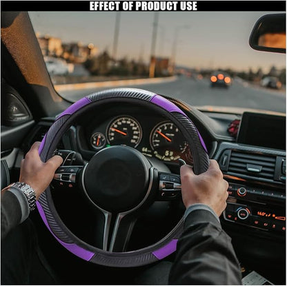 Car Steering Wheel Cover, 15 Inch Carbon Fiber Leather Elastic Steering Wheel Protector, Anti-Slip, Breathable & Soft Car Interior Accessories Universal for Most Cars, Men & Women (Purple)
