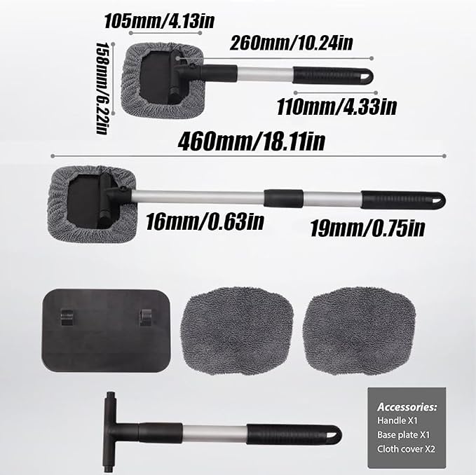 Windshield Window Cleaner Tool, Windshied Car Window Cleaner with Extendable Handle, Car Glass Cleaning Brush with Reusable Microfiber Pads(1 Set)