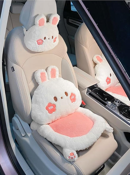 3Pcs Cartoon Car Seat Cushion Lumbar Support Pillow and Neck Pillow, Cute Car Seat Pillow Headrest Pillow Back Support for Driving Fatigue Relief,for Office Chair Truck SUV (Rabbit Sets)