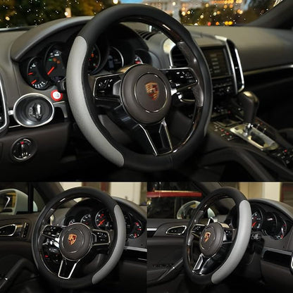 Steering Wheel Cover, Microfiber Leather Splicing with Classic Embossing,Contrasting Colors Anti-Slip Breathable Auto Car Steering Wheel Cover Fit 15 Inch Car Wheel Protector (Black&Gray)