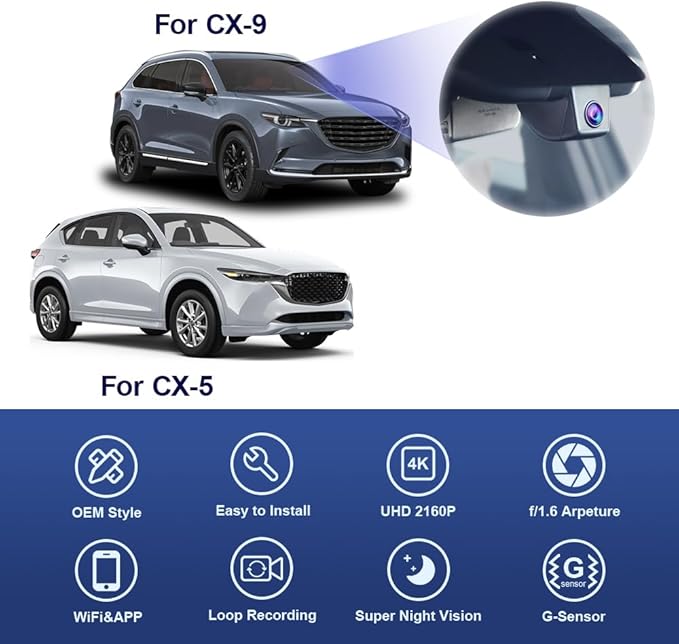 Fitcamx 4K Dash Cam for 2017-2025 Mazda CX-5 & CX-9 Select Preferred Premium Plus Carbon Turbo Sport Grand Touring (Has Sunroof), OEM Look, 2160P UHD Video, WiFi&APP, Loop Recording Parking Mode, 64GB