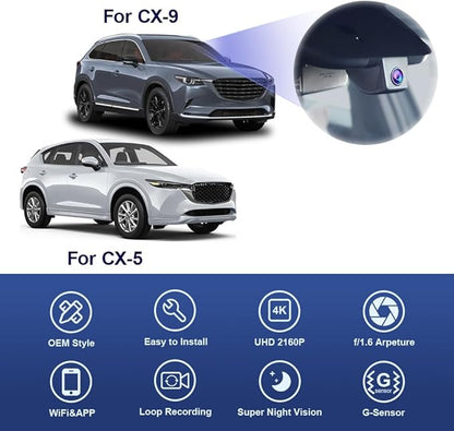 Fitcamx 4K Dash Cam for 2017-2025 Mazda CX-5 & CX-9 Select Preferred Premium Plus Carbon Turbo Sport Grand Touring (Has Sunroof), OEM Look, 2160P UHD Video, WiFi&APP, Loop Recording Parking Mode, 64GB