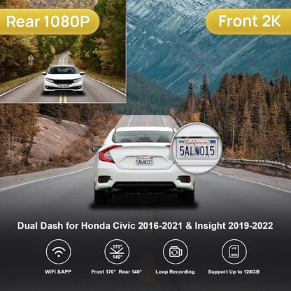 Fitcamx Front 2K+Rear 1080P Dash Cam Adapts for Honda Civic 2016-2021 (Has 8 Vents/HD2-0323) & Insight 2019-2022, OEM Look, Dual HD Video, WiFi & APP, Loop Recording, Collision Detection, 64GB Card